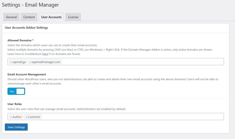 User Accounts Settings - WP Email Manager